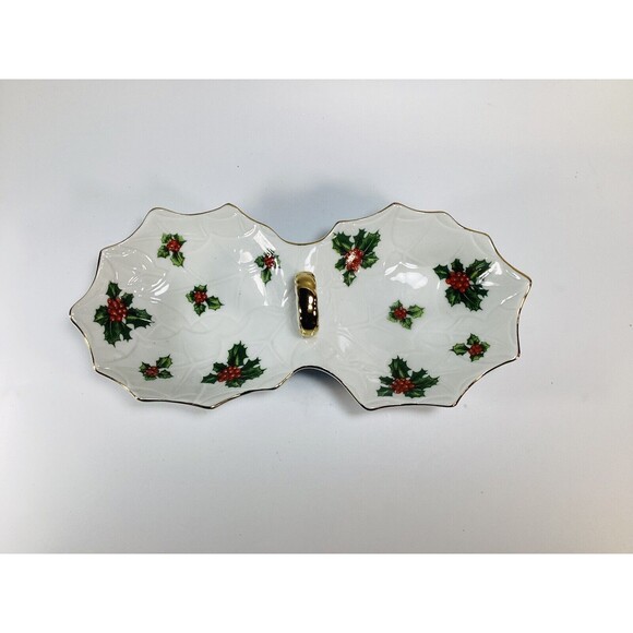 Lefton Porcelain Holly & Berries Divided Candy & Nut Dish Gold Handle #8192 - Picture 1 of 3